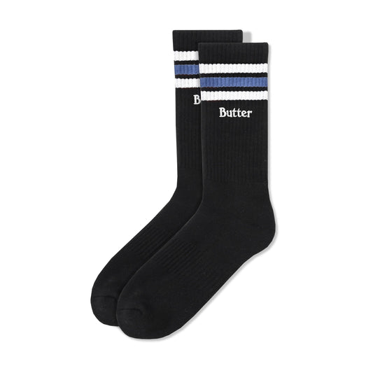 Butter Stripe Socks: Black w/ white & blue stripes