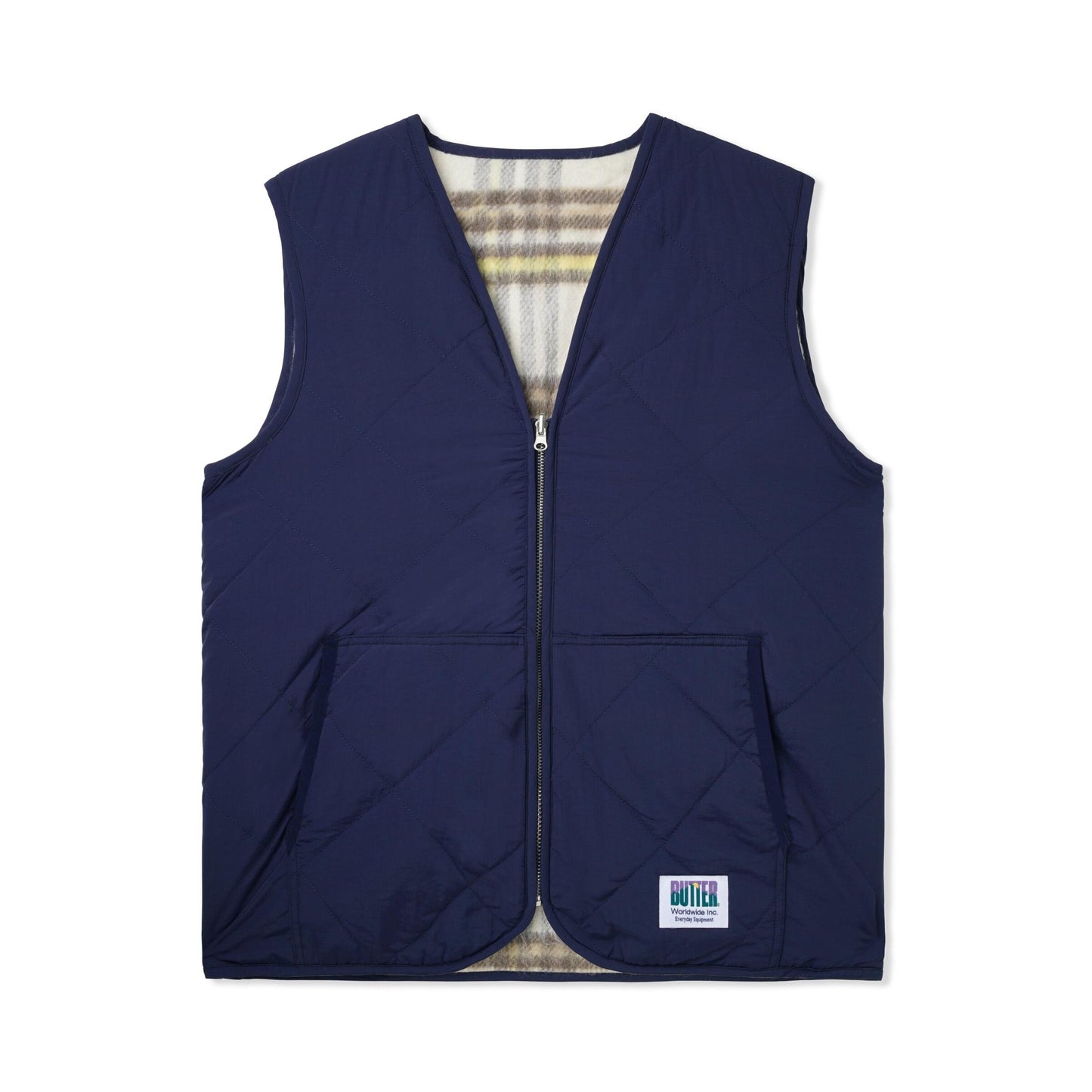 Butter Reversible Hairy Plaid Vest Navy/Wheat
